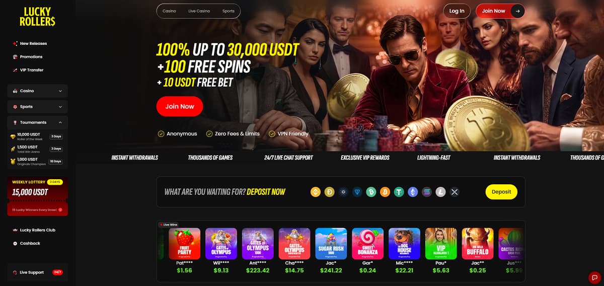 Lucky Rollers Startseite mit Banner, das 100 % Bonus bis zu 30.000 USDT plus 100 Freispiele und 10 USDT Gratiswette bewirbt. Dunkles Design mit Poker-Tisch, Chips und Krypto-Münzen. Navigation umfasst Casino, Live-Casino, Sport und Turniere. Bereich zeigt Slots wie Fruit Party, Gates of Olympus und Sweet Bonanza sowie wöchentliche Lotterie mit 15.000 USDT.
