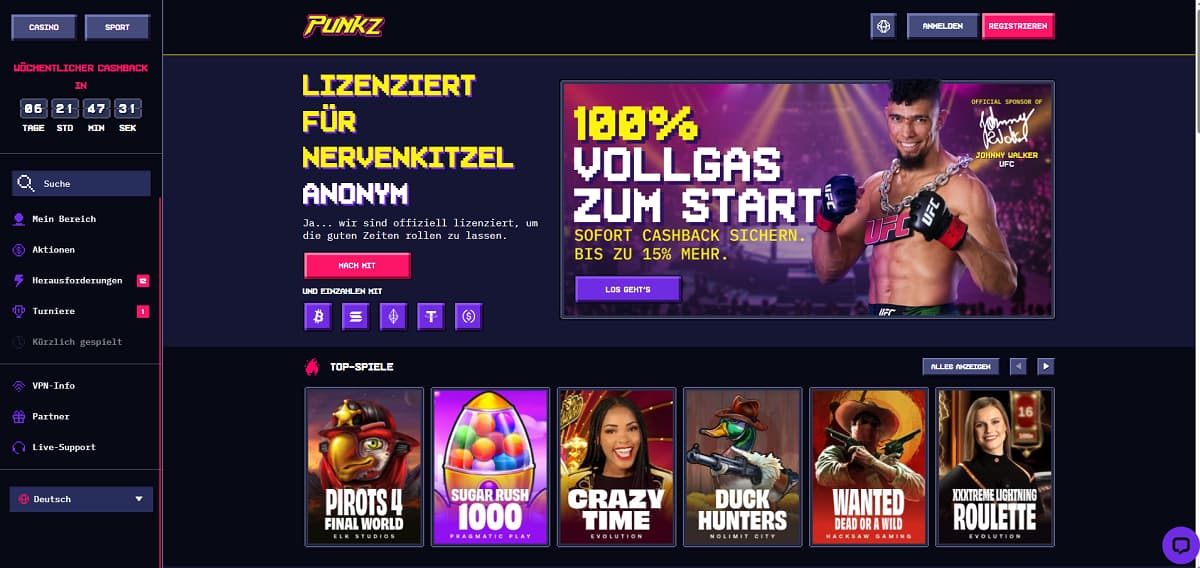 Punkz Startseite mit Neon-Design und Banner „100 % Vollgas zum Start“. Plattform wirbt mit anonymem Spielen, Sofort-Cashback bis zu 15 % und Krypto-Zahlungen. Seitenleiste umfasst Aktionen, Herausforderungen und Turniere. Bereich „Top-Spiele“ zeigt Slots wie Sugar Rush 1000, Wanted Dead or a Wild und Crazy Time. Sponsoring durch UFC-Kämpfer Johnny Walker hervorgehoben.