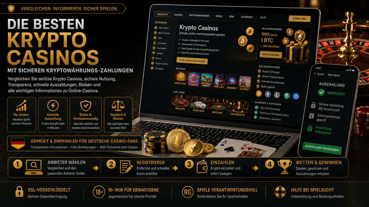 Schwarz-goldener Hero-Banner für Krypto Casinos mit Laptop, Smartphone, Chips, Karten und Krypto-Zahlungen.
